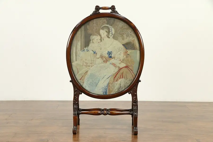 Main image of Victorian Antique Fireplace Hearth Screen, Mother & Baby Petit Point