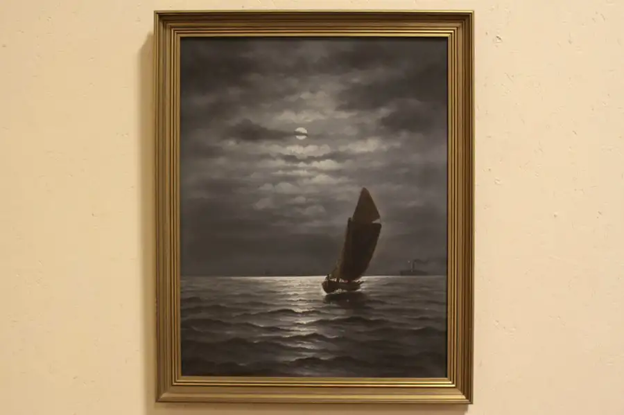 Main image of Sailboat in Moonlight, Original H.P. Engmann 1930 Oil Painting