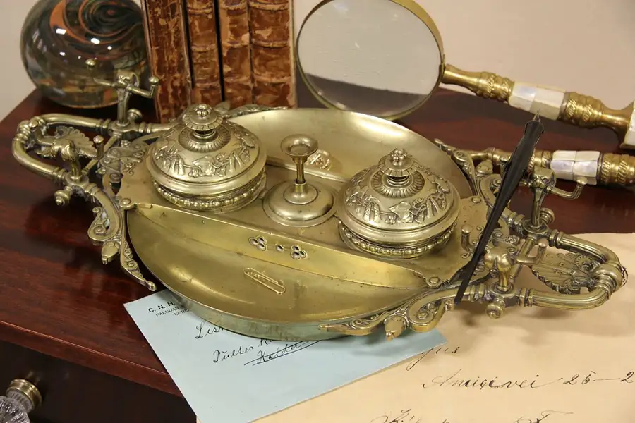 Main image of English Brass 1870 Antique Desk Inkwell Set & Bell