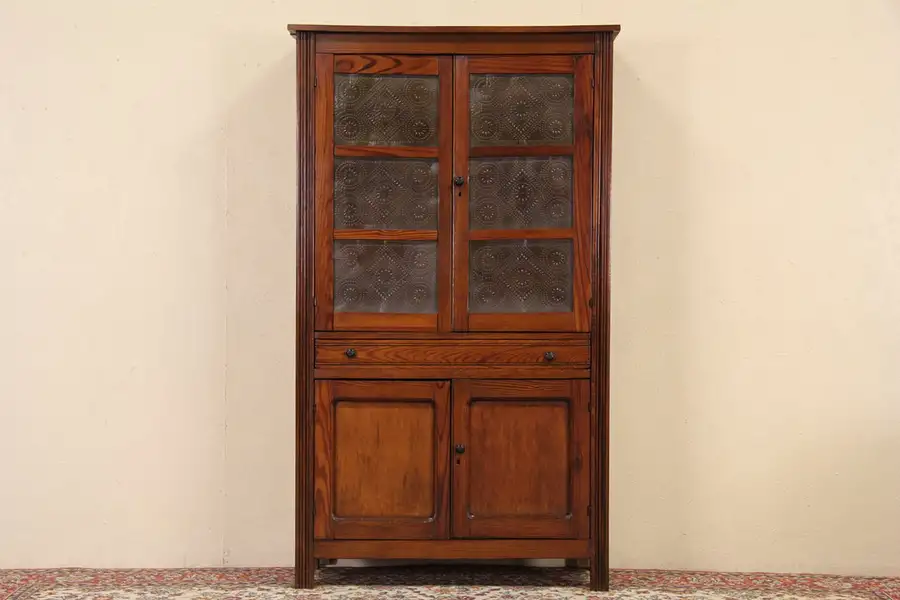 Main image of Country Pine 1895 Antique Pie Safe Cupboard, Punched Tin Doors