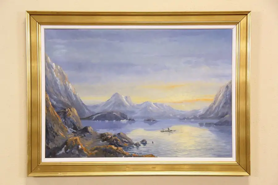 Main image of Fjord Sunset & Fishing Boat, Original 1940's Scandinavian Oil Painting, 45" wide