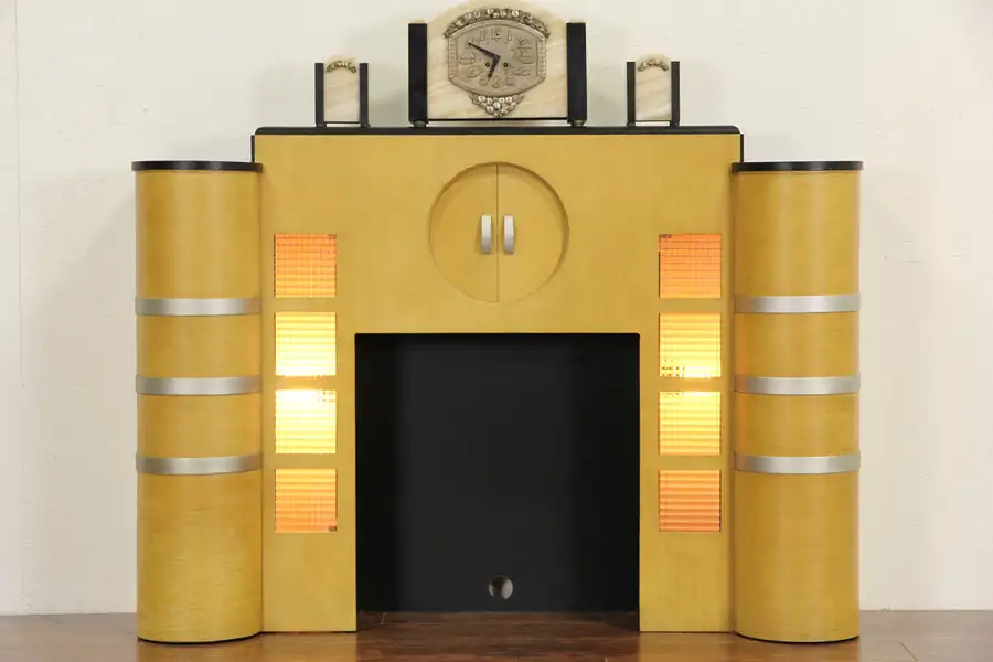 Main image of Art Deco 1930's Lighted Faux Fireplace Mantel and Surround, Bar Cabinet