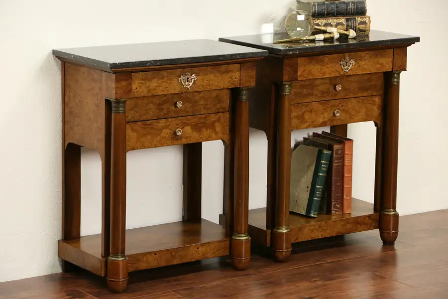 Main image of Pair of French Classical 1940's Vintage End Tables or Nightstands, Marble Tops