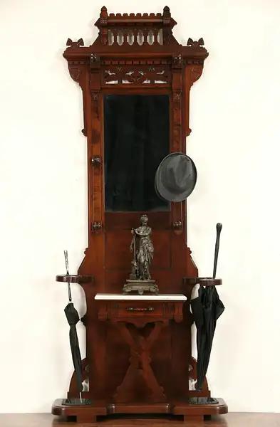 Main image of Victorian Eastlake 1875 Antique Walnut Hall Umbrella Stand, Mirror & Marble,