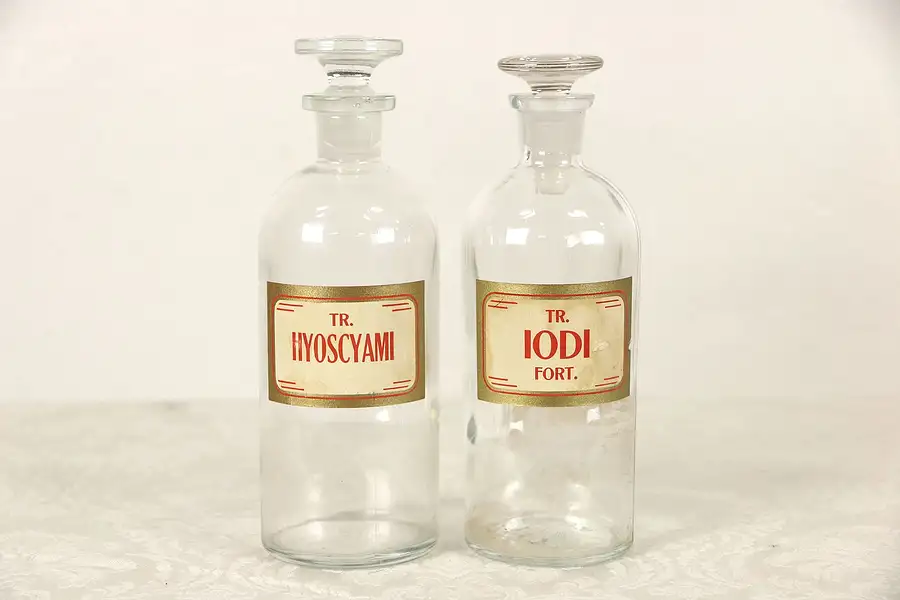 Main image of Pair Antique 1900's Apothecary Medical Drug Store Jars, Fitted Stoppers, Signed