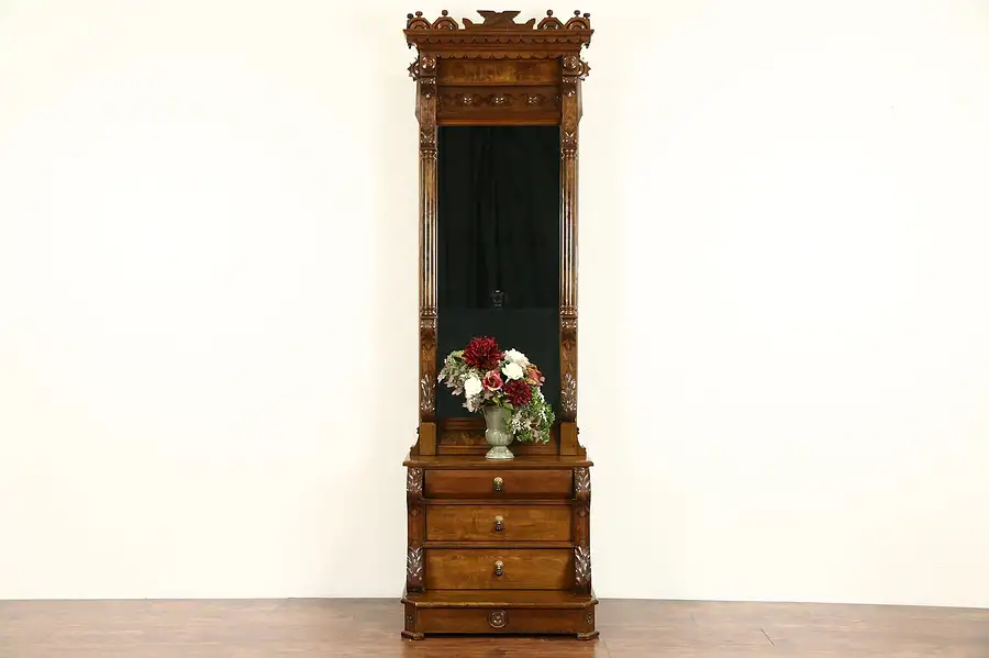 Main image of Victorian 1880's Antique Carved Walnut & Cherry Hall Pier Mirror & Console Base
