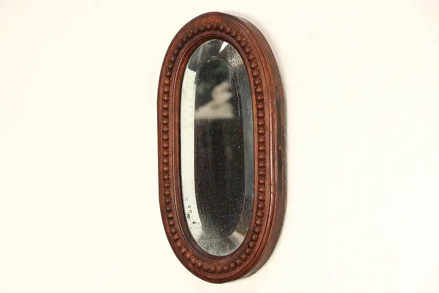Main image of Oval Miniature Beveled 1890 Antique Maple Mirror, Beaded Molding