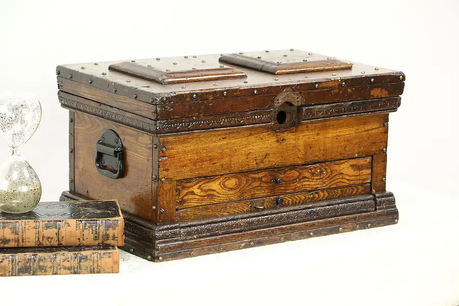 Main image of Oak Antique 1890 Primitive Tool Box, Collector or Jewelry Chest, Brass Screws