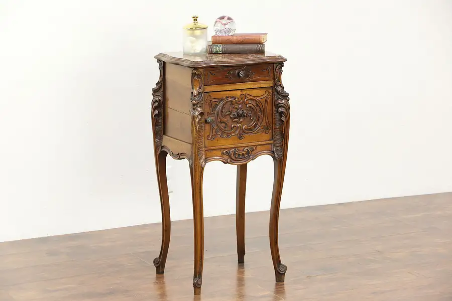 Main image of French Hand Carved Walnut Antique 1890's Nightstand, Marble Top