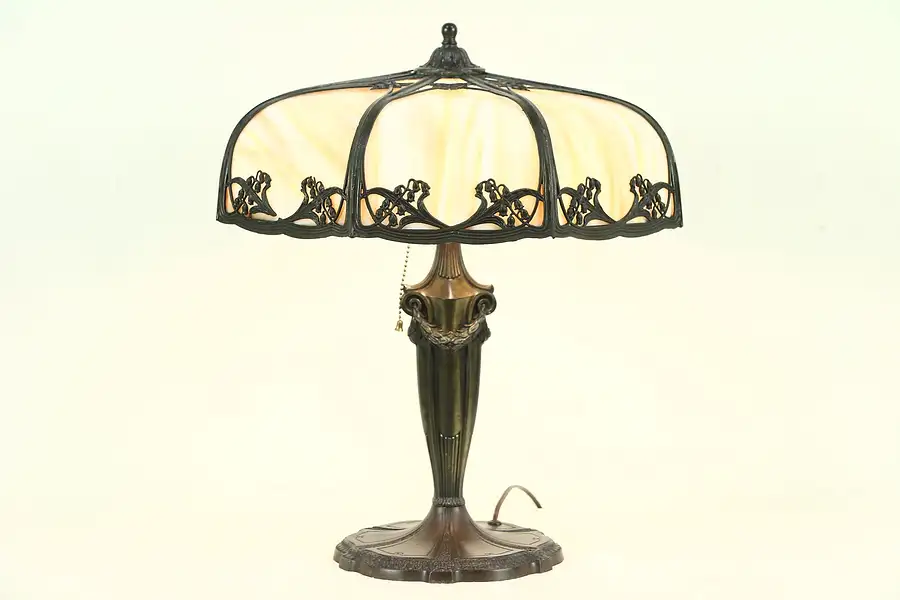 Main image of Stained Slag Glass Curved 8 Panel Shade Antique 1920 Lamp