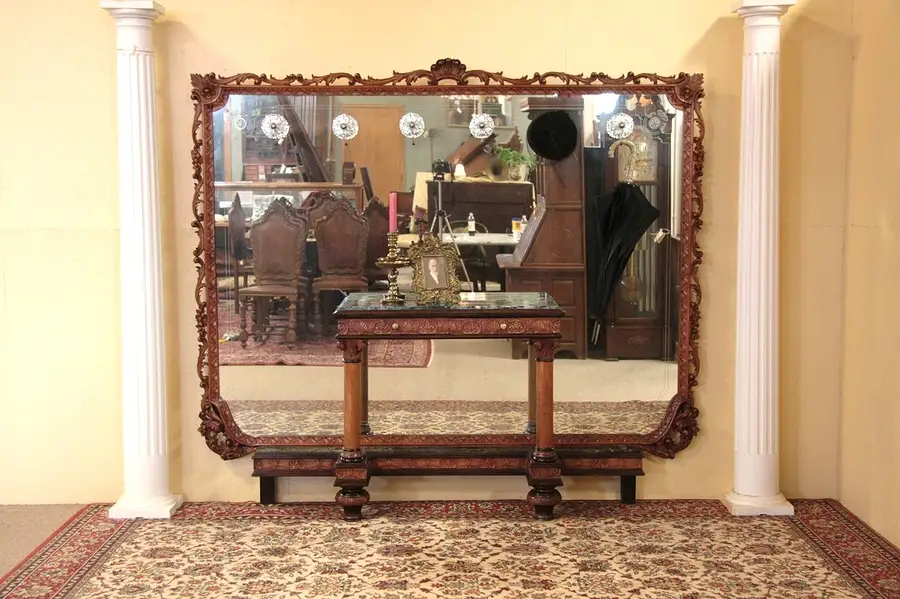 Main image of Carved Antique Hall or Dressing Mirror, Marble Top