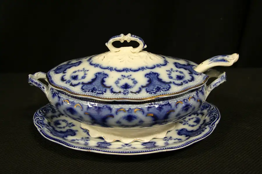 Main image of Flow Blue Antique China Sauce Tureen, Ladle & Underplate Alton by Grindley 1880