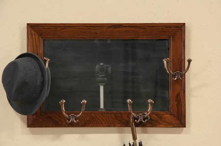 Main image of Oak Beveled Antique 1900 Hall Mirror, Hooks