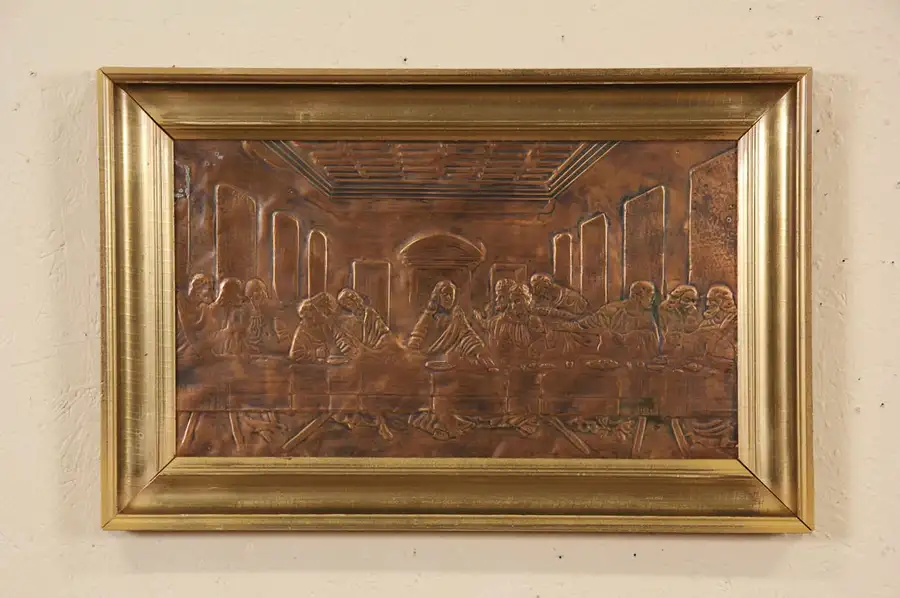 Main image of Last Supper 1900 Antique Copper Relief, Gold Leaf Frame