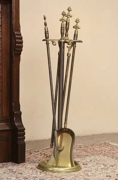 Main image of Set of Cast Brass Vintage Fireplace Tools & Stand