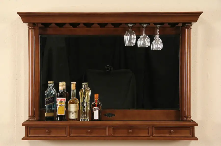 Main image of Brunswick Signed Cherry Back Bar Mirror & Glass Rack