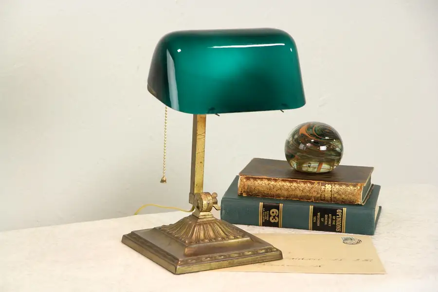 Main image of Emeralite Emerald Green 1917 Pat. Antique Brass Banker Desk or Piano Lamp