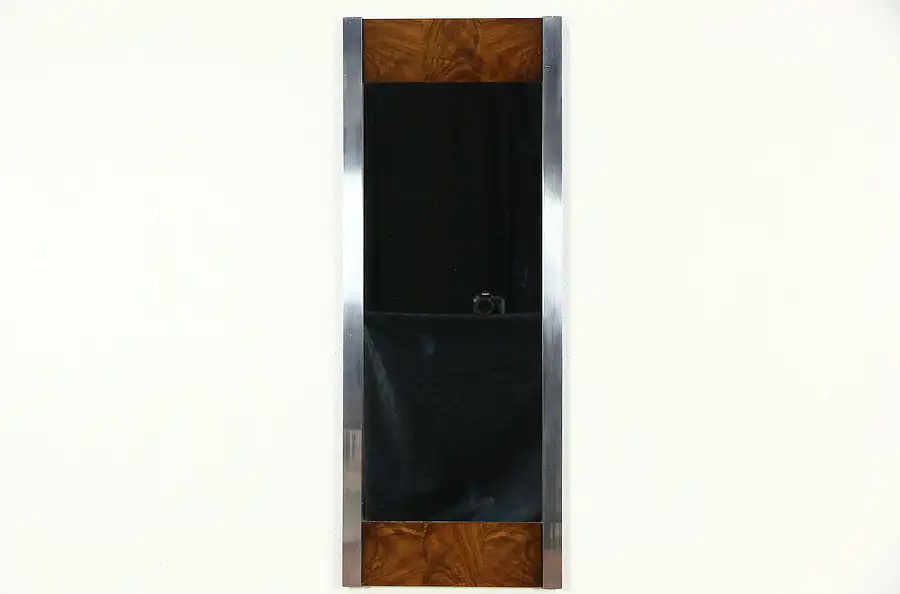 Main image of Mid Century Modern Wall Mirror, 1970 Vintage Chrome & Walnut