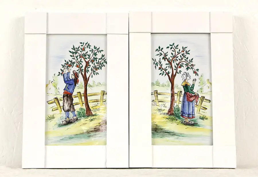 Main image of Pair Faience Hand Painted Ceramic Plaques, Fruit Pickers Signed Malicorne France