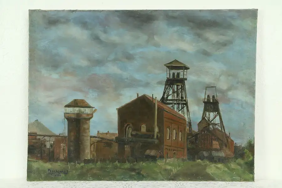Main image of Industrial Scene Original Oil Painting, Signed Paschenko 1950