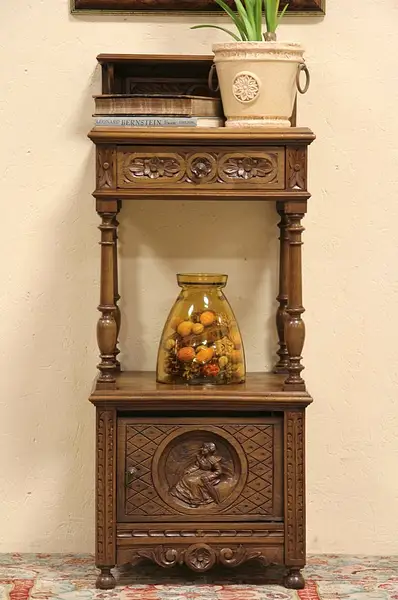 Main image of Brittany Carved Chestnut & Marble 1900 Nightstand with Folk Scene