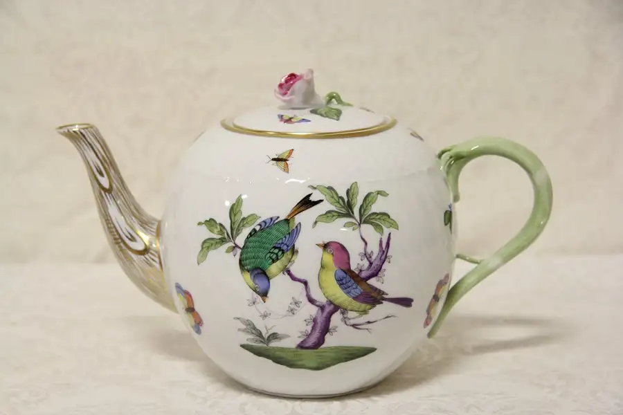 Main image of Herend Rothschild Bird 6 3/4" Tea Pot with Pink Rose, Purple Branch