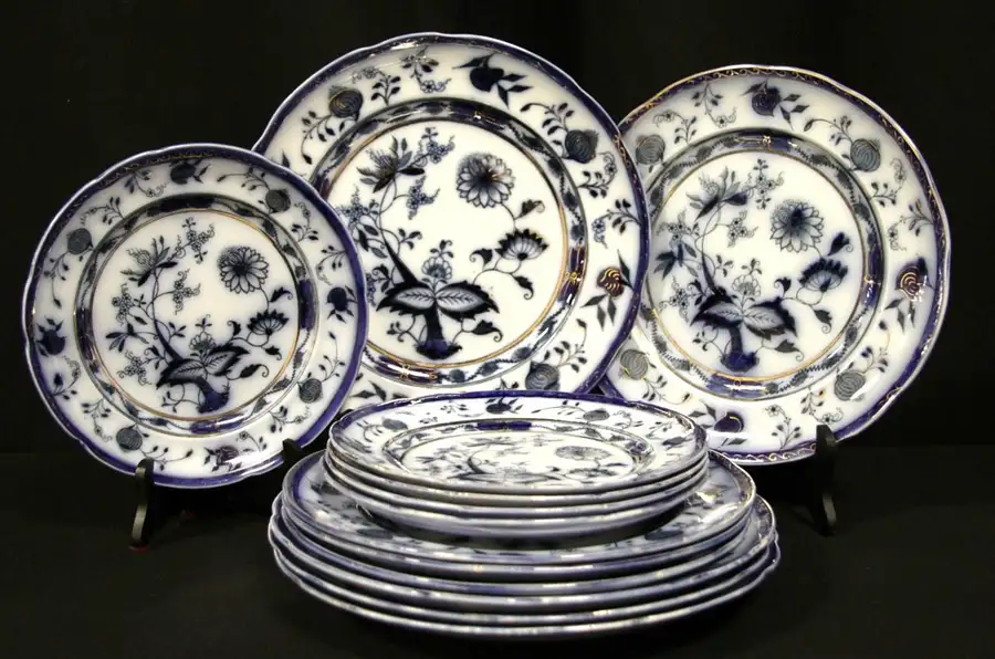 Main image of Grimwades Carro 1890 Antique Flow Blue China Group 13 Plates, 3 Sizes