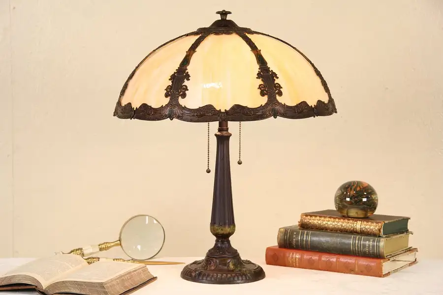 Main image of Renaud Signed 1915 Antique Lamp, Curved Stained Glass Shade