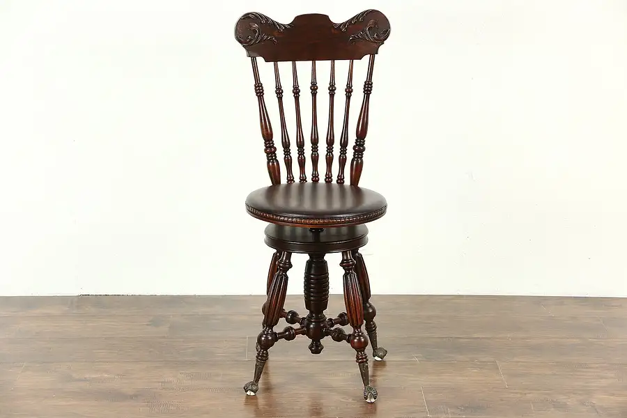 Main image of Piano or Organ 1900 Antique Swivel Adjustable Stool, Claw & Glass Ball Feet