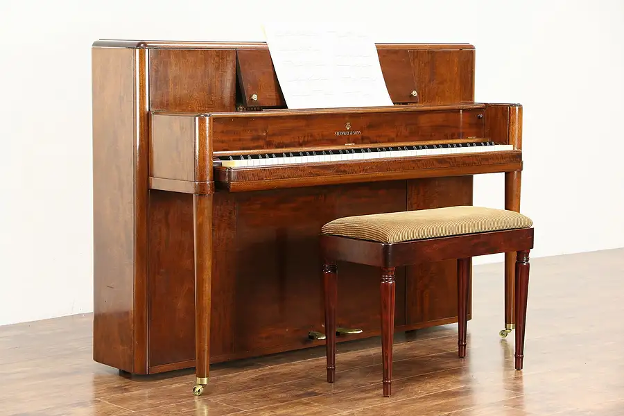 Main image of Steinway Signed 1942 Midcentury Modern Mahogany Console Piano with Bench