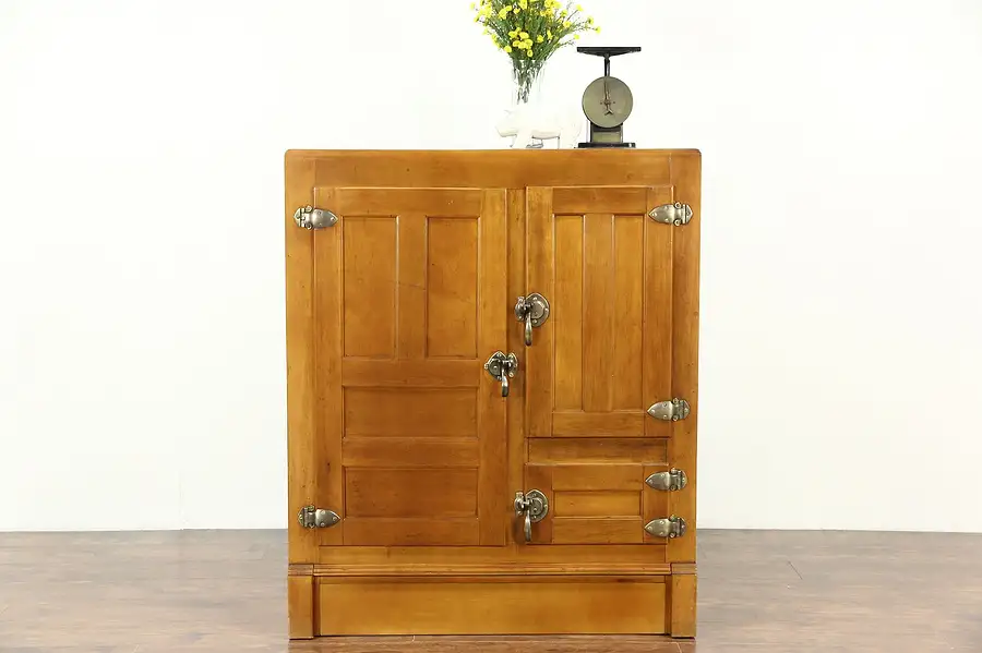 Main image of Maple 1900 Antique Kitchen Pantry Icebox, Original Brass Hardware