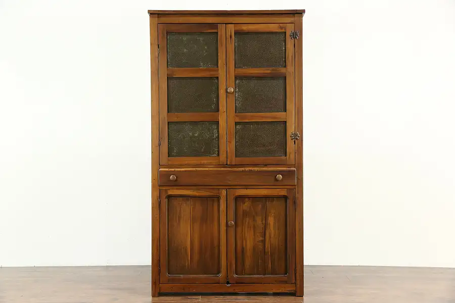 Main image of Primitive Antique Kitchen Pantry Pie Safe Cupboard, Punched Tin Doors