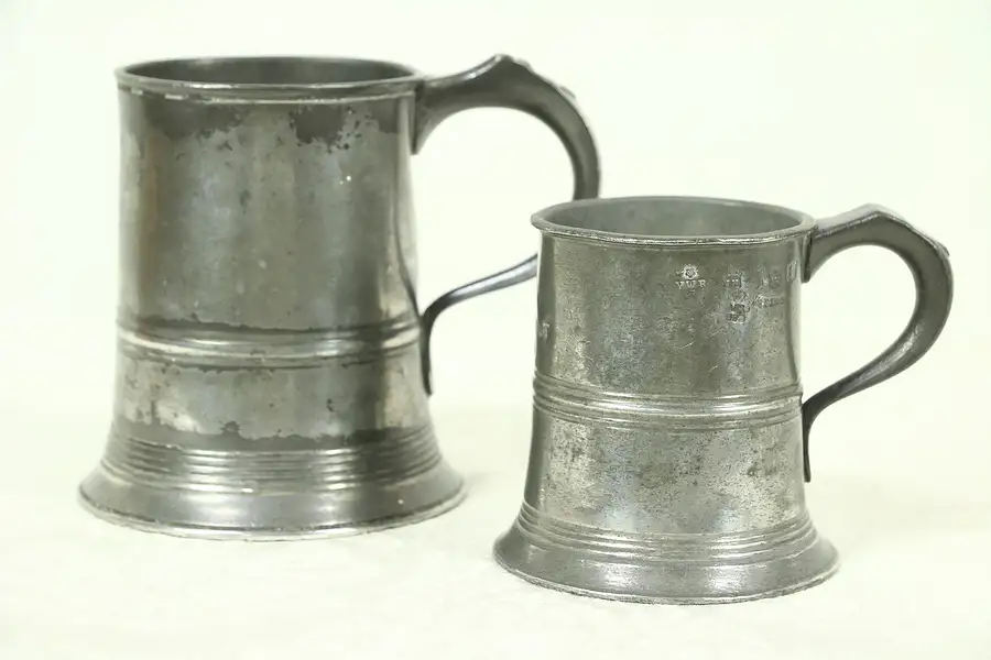 Main image of Pair Antique English Pewter Mugs, Hallmarked Joseph Morgan, Royal Stamps