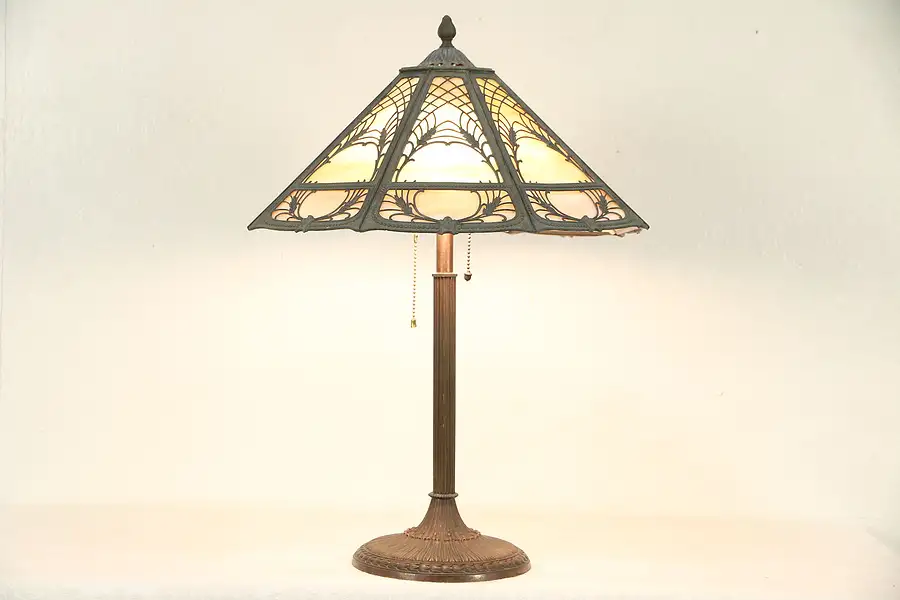 Main image of Stained Glass 8 Panel Shade Antique 1915 Lamp, Signed Miller