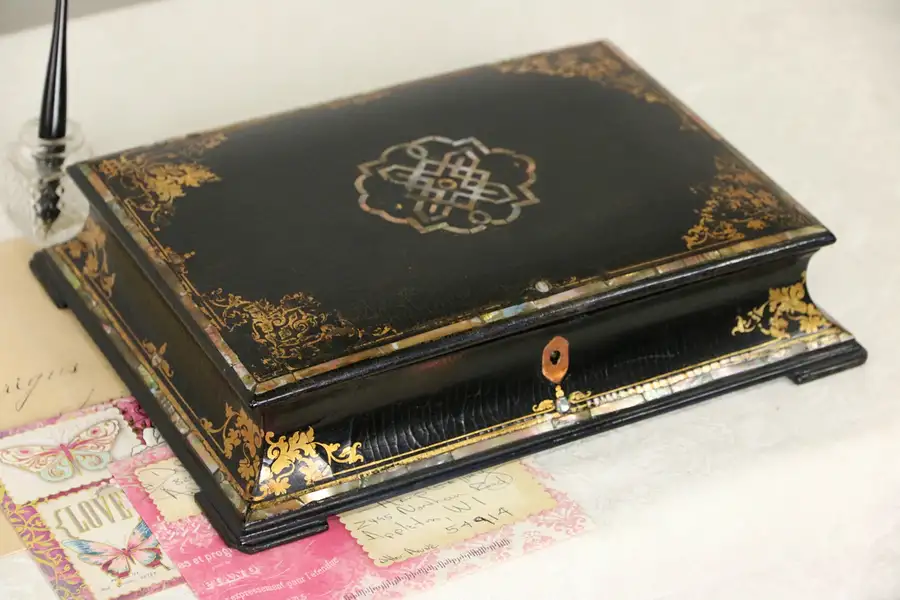 Main image of Papier Mache, Gold Leaf & Pearl English 1850 Antique Writing or Jewelry Box