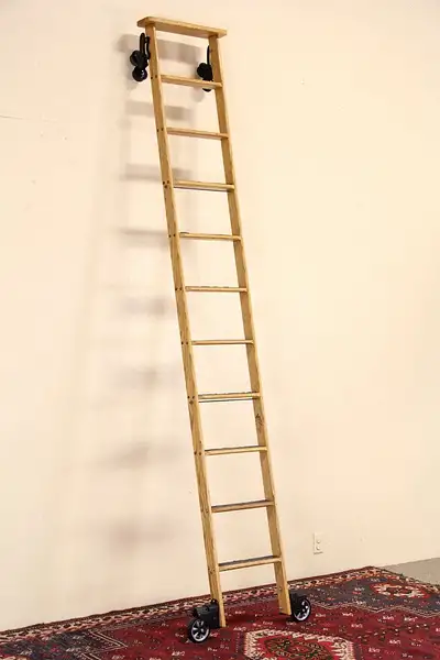 Main image of Library, Kitchen or Wine Cellar Industrial Rolling 10' Oak Ladder