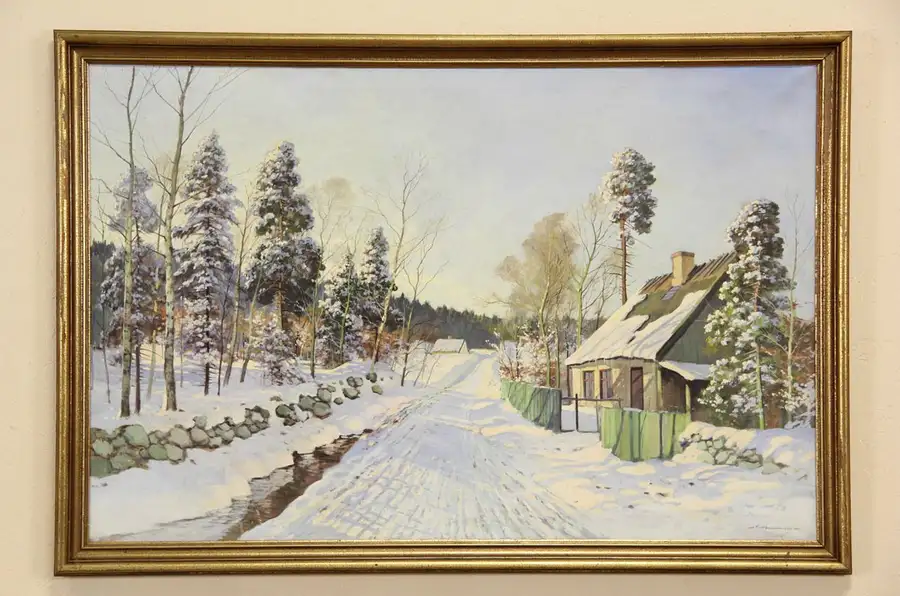 Main image of Winter Snow & Cottage, Denmark, Original 1920's Antique Oil Painting, 59" Wide