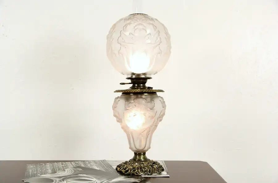 Main image of Victorian 1880 Antique Embossed Satin Glass Kerosene Table Lamp, Electrified