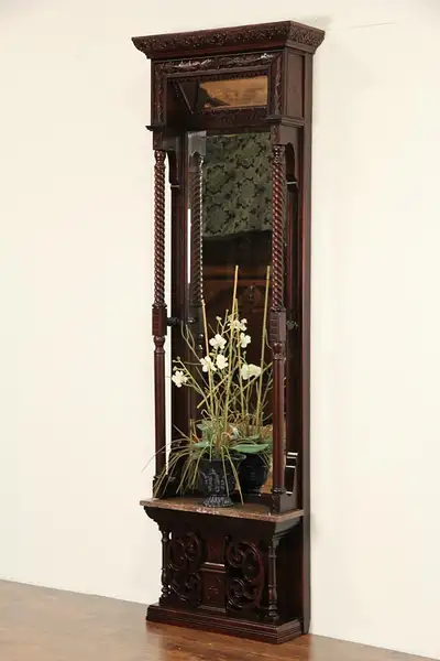 Main image of Victorian Carved 1880 Antique Beveled Hall or Foyer Pier Mirror, Marble Shelf
