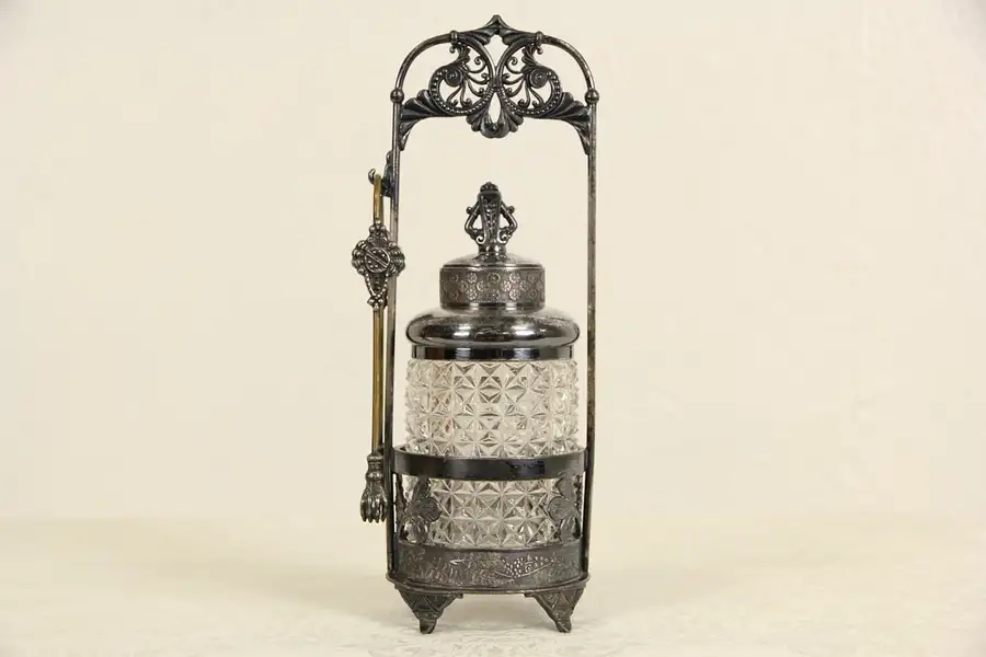 Main image of Pairpoint Signed 1880's Antique Pickle Castor Set, Jar & Tongs