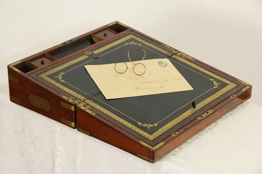 Main image of English Victorian 1890 Antique Portable Travel or Lap Desk, Brass Inlay, Leather