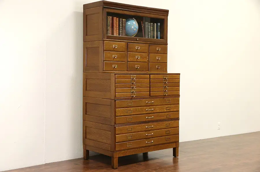 Main image of Oak 1910 Antique Stacking 25 Drawer File, Map & Drawing Chest & Bookcase