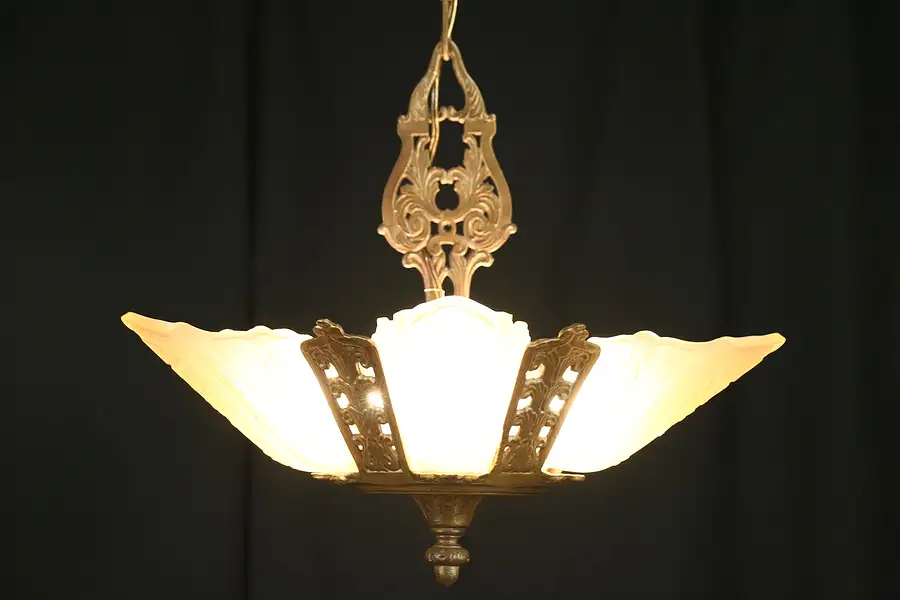 Main image of Art Deco 1930 Vintage Light Fixture with 5 Original Etched Glass Shades