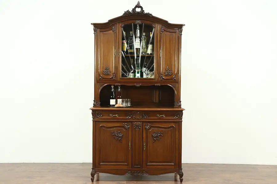 Main image of French Walnut Carved Antique Sideboard & China Cabinet, Leaded Beveled Glass