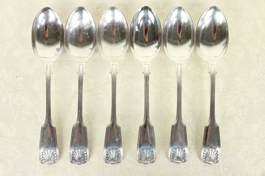Main image of Set 6 Soup or Dessert Spoons, Kings Fiddle Shell Pattern, Atkin England