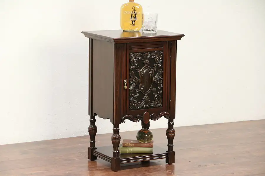Main image of English Tudor Antique Chairside Table, Humidor Smoking Stand