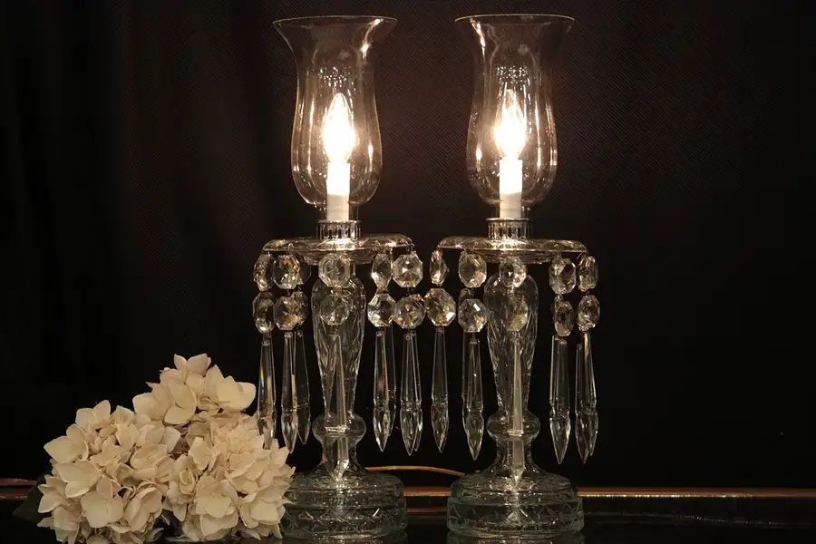 Main image of Pair of Crystal Hurricane Lamps with Prisms