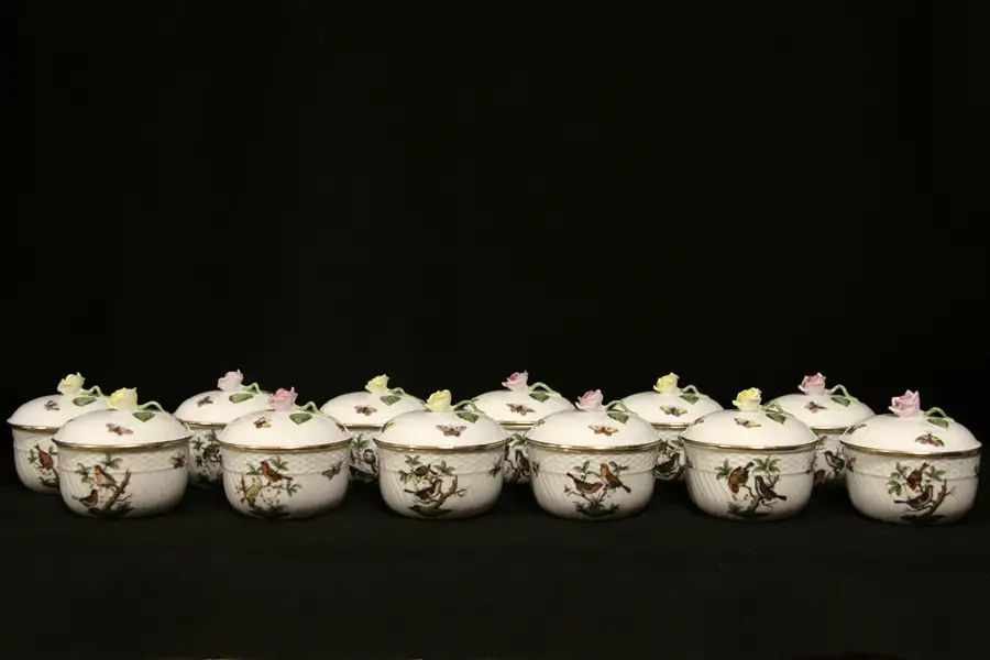 Main image of Herend Rothschild Bird Set of 12 Round Covered Bowls
