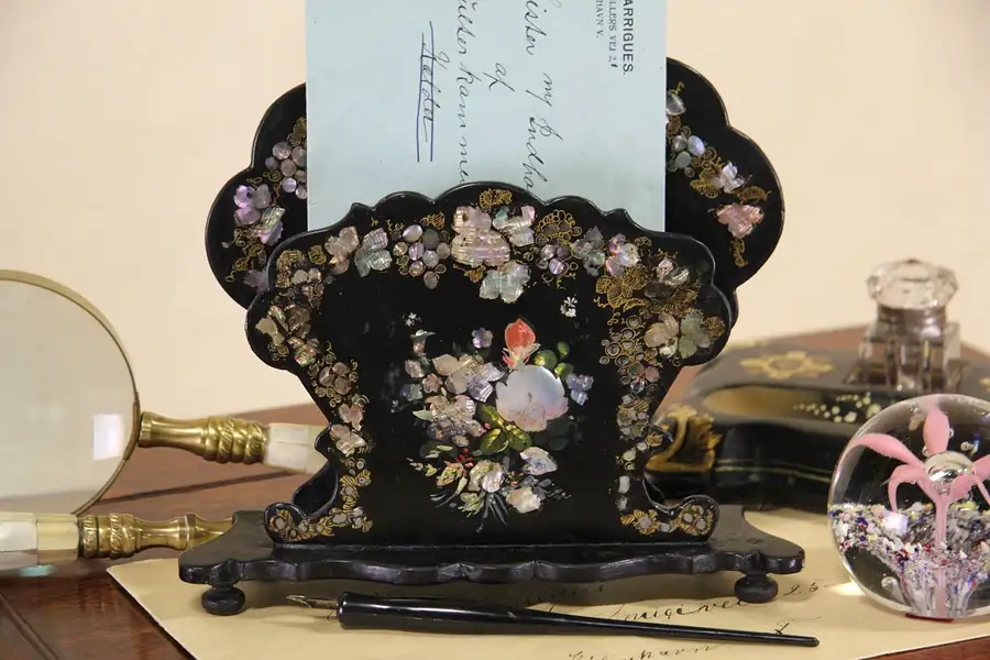 Main image of Papier Mache 1850's Antique English Pearl Inlaid Letter or Napkin Holder