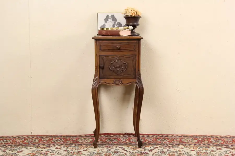Main image of Country French Carved 1900 Antique Nightstand or Bedside Table, Marble Top